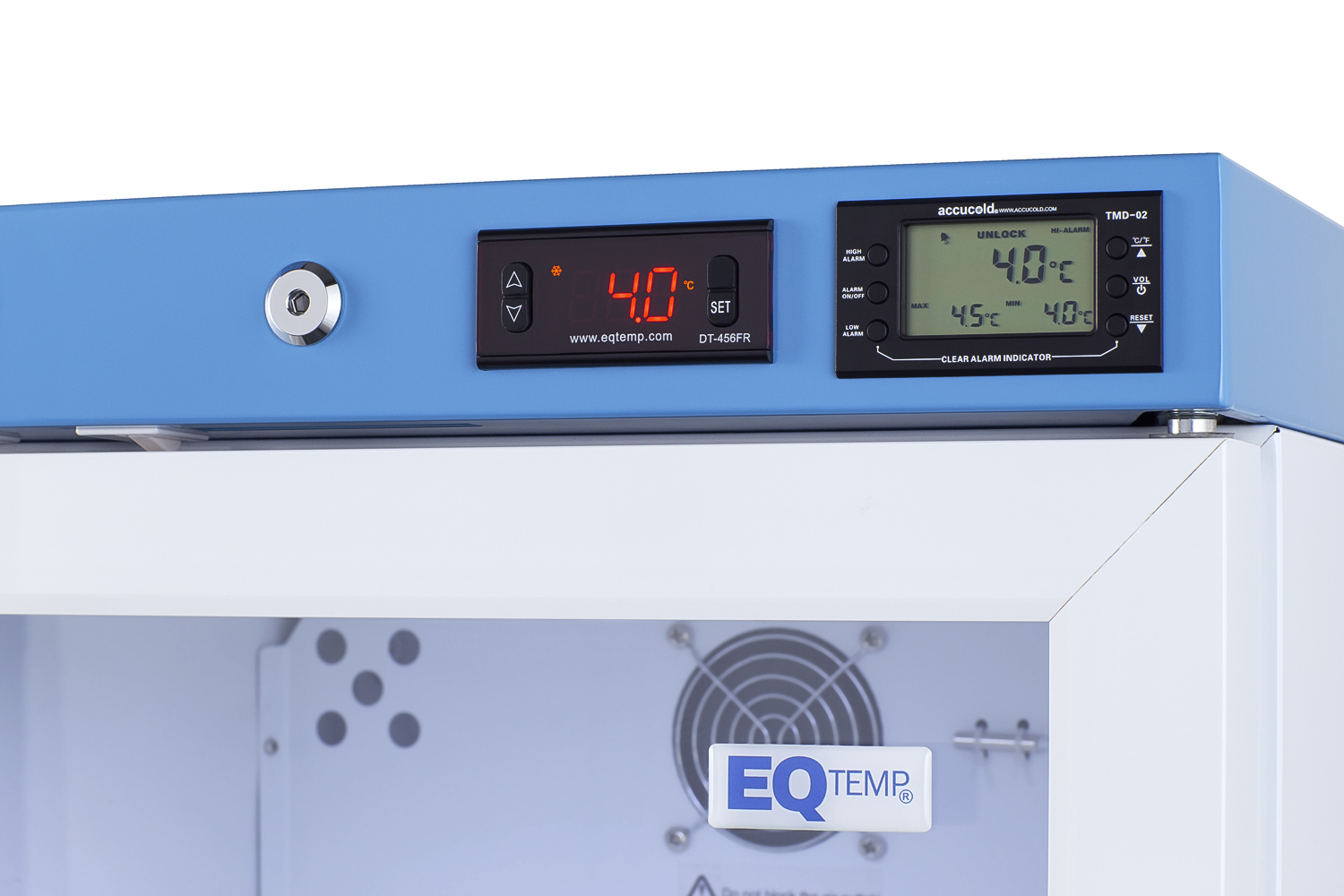 Compact healthcare all-refrigerator certified to NSF/ANSI 456 with self-closing glass door, front lock, digital controls, and NIST-calibrated temperature readout